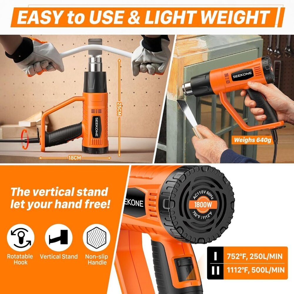 Heat Gun 1800W Heavy Duty Fast Heat Hot Air Gun Kit with 752℉&1112℉（400℃-600℃） D - Picture 3 of 8